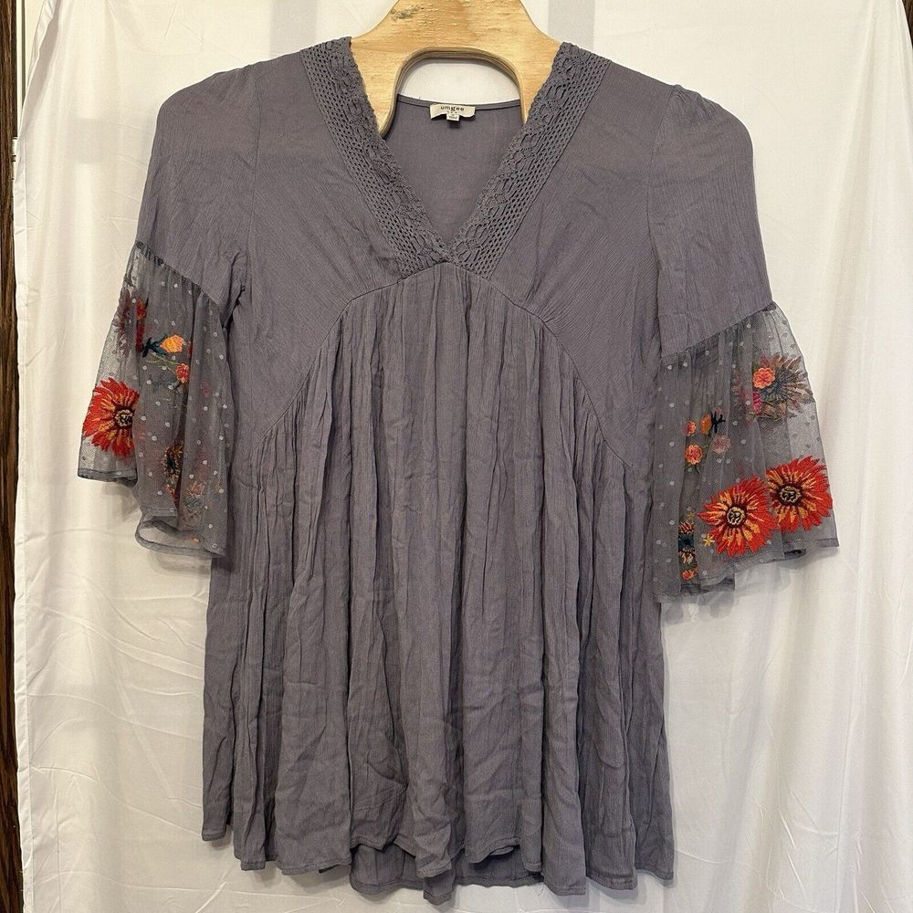 Umgee Dress Womens Size Small Gray Bell‎ Sleeve Lace Floral Embroidered Boho